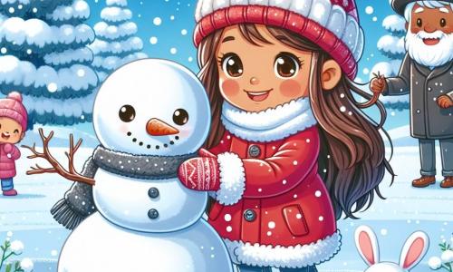 Una ragazza di 7 anni, Sofia, con lunghi capelli castani e guance rosa, indossa un cappotto rosso vivo e un berretto di lana. Ha un grande sorriso sul viso, piena di gioia ed entusiasmo, mentre rotola un grosso pupazzo di neve nel parco. Accanto a lei, un piccolo coniglietto bianco dagli occhi scintillanti, curioso e giocoso, osserva Sofia con entusiasmo. Un uomo anziano, di circa 70 anni, con barba bianca e un cappello di feltro, si tiene leggermente in disparte, sorridendo e tenendo dei rami per le braccia del pupazzo di neve. Il parco è coperto da uno spesso strato di neve scintillante, con alberi le cui branche sono cariche di neve, e un cielo blu chiaro punteggiato di nuvole bianche. In lontananza, dei bambini giocano a fare palle di neve e ridono gioiosamente. La scena principale mostra Sofia e il coniglietto intenti a costruire un pupazzo di neve, mentre l'uomo anziano li aiuta, creando un'atmosfera calda e festosa di una magica giornata invernale.