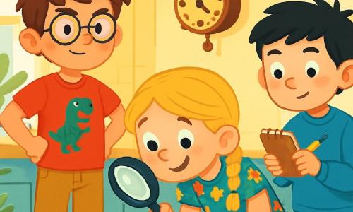 Er zijn 3 personages: - Sam: een 7-jarig jongen met rommelig bruin haar en ronde bril. Hij draagt een rood T-shirt met een dinosaurus en staat met zijn handen op zijn heupen, met een vastberaden uitstraling. - Noor: een 6-jarig meisje met gevlochten blond haar en een ondeugende glimlach. Ze draagt een kleurrijke bloemenjurk en zit op haar hurken, aandachtig de grond onderzoeken met een vergrootglas. - Bram: een 7-jarig jongen met zwart haar en sproeten op zijn neus. Hij draagt een blauwe trui en staat iets op de achtergrond, terwijl hij een klein notitieboekje vasthoudt waarin hij aanwijzingen noteert. De locatie is een warme en zonnige keuken, met een groot licht houten aanrecht, muren geschilderd in pastelgeel en ramen die licht binnenlaten. Op de tafel liggen kruimels van koekjes verspreid, en er hangt een grote klok in de vorm van een taart aan de muur. De belangrijkste situatie toont de drie kinderen die een onderzoek doen, op zoek naar aanwijzingen om de mysterieuze koekjestrommel te vinden. Sam kijkt vastberaden, Noor bestudeert de grond met haar vergrootglas, en Bram noteert alles wat hij vindt in zijn notitieboekje.