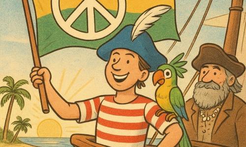 Een man, Joris de Vredespiraat, staat op het dek van zijn schip met een brede, zelfverzekerde glimlach. Hij draagt een blauwe piratenhoed met een witte veer en een rood-wit gestreept shirt. Naast hem zit een jonge papegaai, Pippa de parkiet, op zijn schouder, met felgroene en gele veren die contrasteren met de blauwe lucht. Op de achtergrond is kapitein Stip te zien, een oude man met een grijze baard vol schelpen, die de scène vriendelijk bekijkt. Het schip, De Blauwe Meeuw, ligt voor anker bij een strand met goudkleurig zand, omgeven door palmbomen en zachte golven. De hoofdscène toont Joris die trots een grote kleurrijke vredesvlag omhooghoudt, wapperend in de wind, terwijl de zon opkomt aan de horizon en de scène een gouden gloed geeft.