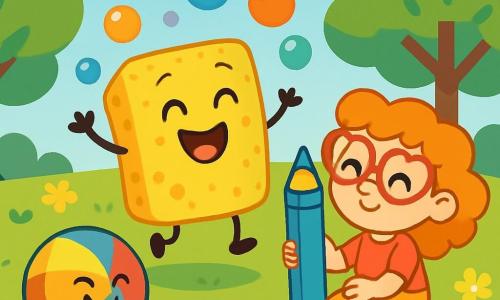 Spugnetta, una piccola spugna gioiosa con occhi scintillanti e un grande sorriso, salta di felicità al centro del parco, circondata da bolle colorate che fluttuano intorno a lei. Matitina, una bambina dai capelli ricci e con occhiali a forma di cuore, è seduta sull'erba, tenendo un grande pastello, con un'espressione concentrata e divertita, pronta a disegnare le risate dei suoi amici. Pallina, una palla rimbalzante dai colori vivaci, rotola allegramente accanto a Spugnetta, mostrando un'espressione birichina e giocosa. Il parco è pieno di fiori brillanti, alberi verdi e un cielo azzurro chiaro, creando un'atmosfera gioiosa e soleggiata. La scena principale mostra i tre amici che ridono insieme, pronti a iniziare la loro competizione di risate, con scoppi di risa che risuonano nell'aria e bolle che si alzano intorno a loro.