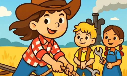 Ein junges Mädchen, Lena, steht im Mittelpunkt des Bildes, trägt einen großen Cowboyhut und ein rot-weiß kariertes Hemd. Ihre braunen Haare wehen im Wind und sie hat ein entschlossenes Lächeln im Gesicht. Sie zieht kräftig an einem Seil, um bei der Reparatur einer Eisenbahnstrecke zu helfen. Neben ihr steht ein etwa 10-jähriger Junge namens Tom mit zerzausten blonden Haaren und einer Lederweste. Er hält ein Werkzeug in den Händen, bereit zu helfen. Etwas weiter entfernt schaut Ana, ein 9-jähriges Mädchen mit Zöpfen und einem Jeanskleid, ermutigend zu und ist bereit, ein weiteres Werkzeug zu bringen. Die Kulisse ist ein weites Feld mit goldenen Gräsern unter einem strahlend blauen Himmel mit weißen Wolken. In der Ferne wartet ein Damp train, aus dem Rauch in die Luft aufsteigt. Die Szene strahlt Abenteuerlust und Kameradschaft aus, während die Kinder zusammenarbeiten, um den Zug zu retten.