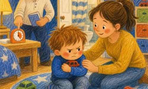 A 2-year-old boy, round face, flushed cheeks, messy light-brown hair, furrowed brows, small pout, clenched fists, sits on a star-patterned blue-and-white rug holding a small red toy car to his chest; a woman (mother, ~30) with brown hair in a ponytail and gentle eyes kneels beside him with a hand on his shoulder, smiling but attentive; a man (father, ~32) with a light beard and light shirt stands behind holding a small book and pointing to an orange timer on the table; warm evening bedroom with a soft yellow lamp, scattered plastic cars, an open door to a bathroom with a striped shower curtain and light steam; main situation: the boy refuses the bath, mother consoles him while father indicates the timer, calm reassuring scene with warm colors and crayon-like textures.