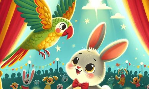 Ein kleiner grauer Hase mit großen Ohren und runden Augen strahlt vor Freude, springt begeistert auf der Bühne und trägt eine kleine rote Fliege. Er zeigt ein strahlendes Lächeln, seine Hinterbeine in der Luft, bereit für einen akrobatischen Sprung. Neben ihm schwebt eine wunderschöne Papaya mit buntem Gefieder, grünen und gelben Federn, anmutig durch die Luft und zeigt ein verschwörerisches Lächeln. Sie scheint den Hasen mit ihren Flügelgesten zu ermutigen, während sie direkt über ihm schwebt. Im Hintergrund steht ein großes, buntes Zirkuszelt in Rot und Gelb unter einem strahlend blauen Himmel, während begeisterte Zuschauer applaudieren und lachen, was eine festliche und fröhliche Atmosphäre schafft. Die Szene zeigt den magischen Moment, in dem der Hase bereit ist, einen spektakulären Sprung auszuführen, umgeben von Lachen und Applaus, und fängt den Geist des Zirkus und die Aufregung der Vorstellung ein.