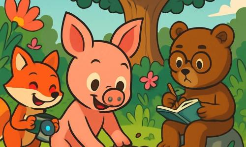 No centro da imagem, um pequeno porquinho rosa, chamado Tobias, com olhos brilhantes de curiosidade e grandes orelhas em pé, explora com entusiasmo um antigo jardim, seu pelo brilhando ao sol. Ao seu lado, uma raposinha ruiva, Lila, com um sorriso travesso, segura uma câmera, pronta para capturar cada momento da investigação. Um ursinho marrom, Bernardo, com óculos redondos e uma expressão séria, anota em um pequeno caderno, sentado em uma pedra perto deles. Ao fundo, um velho carvalho majestoso, cercado por flores coloridas e arbustos verdes, confere uma atmosfera mágica ao jardim. A cena mostra Tobias descobrindo uma caixa misteriosa enterrada no chão, enquanto seus amigos o observam com excitação, criando uma atmosfera de aventura e mistério.