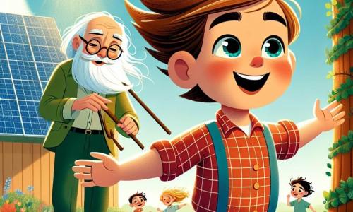 Pinocho, un niño de madera con ojos brillantes y una sonrisa radiante, se encuentra en el centro de la imagen, con los brazos abiertos, expresando gran alegría y un espíritu aventurero. Lleva una camisa de cuadros rojos y un pantalón azul, con cabello de paja que flota al viento. A su lado, Gepetto, un hombre mayor de unos 60 años, con una larga barba blanca y gafas redondas, trabaja en un panel solar, concentrado y sonriente, mostrando su orgullo por su invención. El escenario es un parque soleado, lleno de árboles verdes y flores coloridas, donde niños juegan alegremente al fondo, creando una atmósfera de felicidad y camaradería. La situación principal muestra a Pinocho animando a los niños a jugar juntos, uniendo sus risas y juegos, mientras Gepetto los observa con benevolencia, ilustrando el espíritu de colaboración y amistad que reina en este lugar mágico.