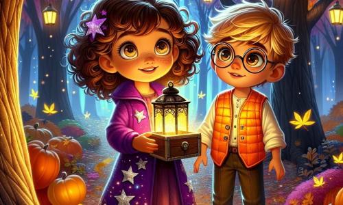 A 10-year-old girl with curly brown hair and sparkling curious eyes wears a purple jacket adorned with silver stars. She smiles in wonder, holding a small lantern that lights up her joyful face. Next to her, a 10-year-old boy with blond hair and round glasses gazes admiringly at the large oak in the clearing. He wears a bright orange vest and seems ready to uncover a secret. The setting is an enchanted clearing surrounded by tall trees with golden leaves and hanging lanterns that twinkle like stars. The ground is covered with colorful leaves, and a decorated wooden chest lies at their feet, adding a touch of mystery to the scene. The main situation shows the two children, amazed, standing in front of the open chest, discovering magical vests that shine under the moonlight, symbolizing friendship and Halloween adventure.