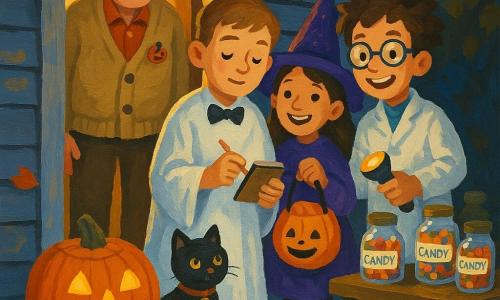 12-year-old boy with a gentle, focused face in a white ghost costume with a black bow tie, holding a small notebook or clipboard and a candy, stands on the step of an old gray wooden house; his ~9-year-old sister smiles joyfully to his left wearing a sparkly purple witch hat and holding an orange pumpkin bucket; a ~12-year-old friend dressed as a mad scientist with round glasses and messy hair stands to his right smiling and holding a flashlight; Mr. Holloway, about 70, a kind-faced man in a beige cardigan with a pumpkin brooch, stands in the open doorway bathed in warm light; small black cat Pickles with shiny fur and a bell collar sits calmly on the step near a glass jar of candy; an unlit jack-o'-lantern sits on the stoop, several labeled glass jars line a rustic table, orange and brown leaves are scattered around; soft, cozy Halloween night lighting from the door and pale moon creates a tranquil, benevolent scene of the children reuniting with the cat as the house offers jars of treats and a message of kindness.