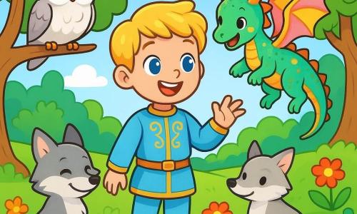 A prince named Leo, about 10 years old with shiny golden hair and sparkling light blue eyes, stands in the center of an enchanted garden. He wears a sky-blue tunic adorned with golden patterns and light pants, smiling in wonder. Beside him is a small dragon named Bella, with shimmering bright scales, joyfully flying around him, her translucent wings sparkling in the sun. A clever fox named Oliver, with silver fur, stands near Leo, his tail curled around his paws, watching with a mischievous look. In the background, a wise owl named Willow, with white feathers and round eyes, perches on a branch, watching the scene kindly. The garden is filled with brightly colored flowers, large trees with gnarled trunks, and a gentle sparkling stream winding through the landscape. Leo and his friends laugh and play together, celebrating their friendship under a blue sky dotted with fluffy clouds.