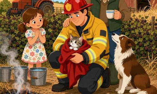 A freckled firefighter with a determined gentle expression, shiny red helmet and yellow reflective jacket kneels, wrapping a trembling kitten in a small red blanket; behind him Old Sam, an elderly man with gray crewcut hair and a warm smile holding a cup of tea in his left hand, rests a reassuring hand on the firefighter's shoulder; to the left a six-year-old girl, Maisie, with brown pigtails and a floral dress, looks anxious but relieved with hands clasped to her chest; the sheepdog Pippa, brown and white, sits nearby alert and calm; on the bank of a narrow sparkling stream with a bramble hedge, golden dry grass, a tractor and an old red wooden shed in the background, dirt ground and a few water buckets, a small patch of grass fire smolders with pale gray smoke and low flames—calm, organized rescue with precise, reassuring gestures.