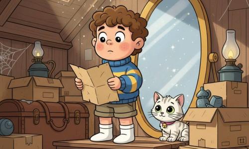 A 4-year-old boy with a round face, rosy cheeks and curly brown hair, looking amazed and slightly anxious, holds a folded old gold map in his small hands; he wears a blue-and-yellow striped sweater, khaki shorts and rolled white socks, standing on the first attic step while a white tabby kitten named Sparkle with big green eyes and a pink bell sneaks behind dusty boxes to his right; a large oval gold-framed mirror reflects sparkling dust against the back wall, and the attic—filled with brown boxes, leather trunks, an old oil lamp, fine cobwebs and beams of light through suspended dust—sets a gentle, mysterious adventure mood as the boy searches for Sparkle and the treasure.