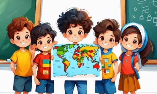 In een heldere klaslokaal staan vijf kinderen samen, allemaal glimlachend en betrokken bij een gezamenlijke activiteit. Sam, een 11-jarig jongetje met rommelig bruin haar en sprankelende groene ogen, staat in het midden met een groot kleurrijk poster van wereldculturen. Mohammed, een 11-jarige jongen met krullend zwart haar en een olijfkleurige huid, staat rechts van hem en toont enthousiast een traditioneel Marokkaans gerecht. Anouk, een 11-jarig meisje met gevlochten blond haar en blauwe ogen, staat links van Sam en tekent Indiase patronen met kleurpotloden. Joris, een 11-jarige jongen met kastanjebruin haar en een lichte huid, zit in zijn rolstoel achteraan, glimlachend en verhalen delend over Japan. Tim, een 11-jarige jongen met kort haar en een donkere huid, staat naast Joris, luistert aandachtig en houdt een boek over Afrikaanse culturen vast. De kamer is versierd met kleurrijke vlaggen van verschillende landen en posters van diverse tradities aan de muren. Een groot raam aan de achterkant laat zonlicht binnen, waardoor de ruimte verlicht wordt. De kinderen werken samen aan hun project en bespreken vrolijk het belang van respect en gelijkheid tussen culturen, terwijl ze hun verschillen vieren.