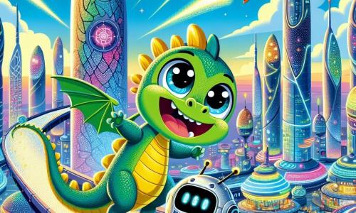 Un piccolo drago verde di nome Zippy, con grandi occhi rotondi e un sorriso splendente, vola felicemente sopra una città futuristica, le sue squame scintillanti al sole. Accanto a lui, un robot amichevole di nome Bleep, con un corpo in metallo argentato e luci lampeggianti, osserva con stupore, i suoi occhi luminosi riflettono curiosità. Sullo sfondo, la città di Lumina si erge maestosa, con edifici in vetro dalle forme organiche, illuminati da neon colorati e circondati da veicoli volanti che solcano il cielo blu. Il mercato galleggiante, pieno di bancarelle colorate, è animato da abitanti gioiosi, creando un'atmosfera festosa e vibrante. Zippy e Bleep si avvicinano a una porta scintillante, decorata con simboli misteriosi, che sembra chiamarli all'avventura, mentre una luce brillante emana dall'interno, promettendo scoperte straordinarie.