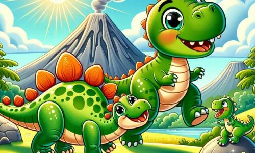 Um estegossauro alegre, com placas verdes e laranjas nas costas, está em um solo verdejante, sorrindo com olhos brilhantes de felicidade. Ao lado dele, um pequeno T-Rex com um sorriso amigável, escamas verdes e dentes brancos, salta alegremente sobre pedras. O cenário é um vale ensolarado, cercado por montanhas majestosas, com um vulcão ao fundo que solta suavemente fumaça cinza. Os dois dinossauros brincam juntos, pulando sobre pedras brilhantes, suas sombras se estendendo no chão. A cena transmite uma atmosfera de camaradagem e aventura, cheia de cores vivas e alegria.