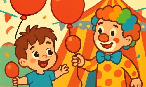 Un băiețel de 2 ani, cu părul brun dezordonat și ochi mari și strălucitori, zâmbește fericit ținând un balon roșu aprins. Poartă un tricou albastru și o pereche de pantaloni scurți galbeni și dansează cu entuziasm în mijlocul carnavalului. Lângă el, un clovn zâmbitor, în vârstă de aproximativ 30 de ani, cu un nas roșu și părul creț multicolor, îi întinde un alt balon. În fundal, o mare cort colorat cu dungi roșii și albe, plină de lumini strălucitoare și decorațiuni festive, atrage atenția. Scena emană o atmosferă veselă și festivă, cu confetti plutind în aer și râsete de copii răsunând în jur.