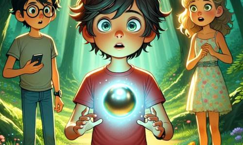 Un chico de 11 años, Lucas, con el cabello castaño desordenado y ojos llenos de curiosidad, está en el centro de la imagen, mirando asombrado una esfera metálica flotante que emite una suave luz azul. Lleva una camiseta roja y un pantalón corto de mezclilla, con las manos levantadas, como si estuviera listo para tocar el objeto misterioso. A su lado, su mejor amiga Ana, también de 11 años, con cabello largo y rubio y flequillo, observa la escena con emoción y sorpresa, vestida con un vestido de flores. Un poco más atrás, Javier, un chico de 11 años con cabello negro y gafas redondas, sostiene un pequeño dispositivo de comunicación, luciendo concentrado y preocupado. El lugar es un claro encantador en un bosque denso, con rayos de sol filtrándose a través de las hojas verdes. La escena principal muestra a Lucas, Ana y Javier descubriendo una esfera extraterrestre flotante, mientras un extraterrestre amigable, Zilak, aparece ante ellos, listo para establecer un contacto pacífico.