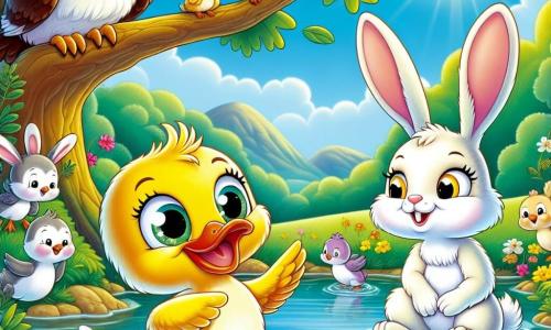 A little duck named Daisy, with bright yellow feathers and sparkling curious eyes, is happily swimming in a pond, her wings slightly spread, showing her enthusiasm. She has a wide smile and appears full of life, splashing water around her. Nearby, a wise old owl named Oliver, with brown feathers and shining golden eyes, is perched on a branch of a large oak, attentively observing the scene with a calm and thoughtful expression. He is there to guide Daisy with his wisdom. A little further away, Bella, an adorable rabbit with soft white fur, is busy gathering twigs and leaves, her large ears perked up, ready to help her friends. She has a determined and friendly look, showing her support. The setting is a peaceful pond surrounded by colorful flowers and large green trees, with the sun shining in a clear blue sky, creating a joyful and serene atmosphere. The main scene shows Daisy swimming energetically while Oliver and Bella encourage her to be brave and build a raft with the materials Bella has gathered, illustrating teamwork and adventure.