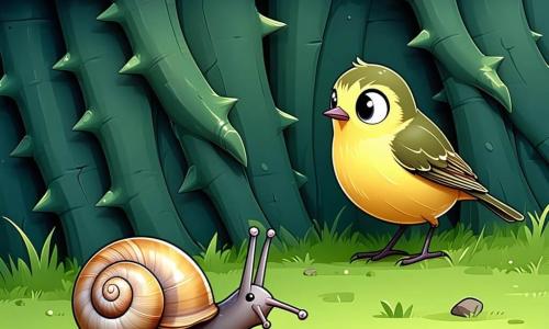 Eine kleine Schnecke namens Nilo, mit einer glänzenden Schale wie eine Perle und funkelnden Augen voller Entschlossenheit, steht vor einer dichten Hecke aus Dornen, ihr Körper zittert vor Besorgnis. In der Nähe ist ihr Freund Finni, ein Vogel mit leuchtend gelben Federn, in den Dornen gefangen, seine runden, ängstlichen Augen suchen nach Hilfe. Die Kulisse ist ein wunderschöner Funkelwald, mit majestätischen Bäumen und bunten Blumen, die im Wind tanzen, und Sonnenstrahlen, die durch das grüne Laub filtern. Nilo ist entschlossen, einen Weg zu finden, um Finni aus den Klauen der Dornen zu befreien und zu beweisen, dass selbst die Kleinsten Großes erreichen können.