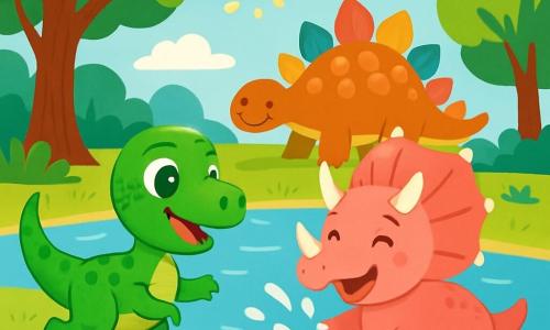 A small velociraptor named Dino, with shiny green scales and sparkling eyes, joyfully runs by a shimmering lake. Next to him, Trixie, a triceratops with large horns and pink skin, splashes the water with her feet, laughing happily. In the background, a gentle stegosaurus, with colorful plates on its back, watches them with a smile. The landscape is filled with tall trees, colorful flowers, and a clear blue sky dotted with fluffy white clouds. The scene shows Dino and Trixie playing together, splashing the lake water, while the sun shines, creating a joyful and friendly atmosphere.