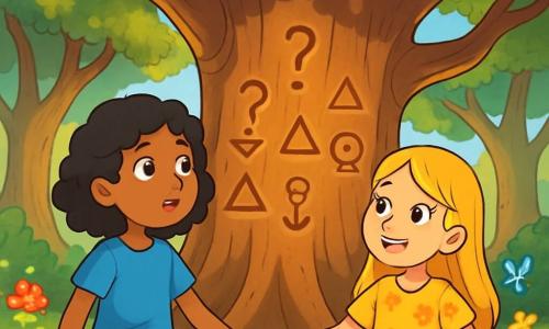 Hay 2 personajes principales: Clara, una niña de 12 años con cabello negro y rizado, que lleva una camiseta azul y un short de mezclilla, es curiosa y observa atentamente un gran árbol antiguo frente a ella; y Alba, también de 12 años, con cabello rubio y liso, vestida con un vestido amarillo con flores, sonríe y sostiene la mano de Clara, admirando el mismo árbol. La escena se desarrolla en un claro encantado en el corazón del Bosque de las Preguntas, rodeado de grandes árboles con troncos nudosos y hojas brillantes al sol. En el centro, un árbol gigante con un tronco ancho y símbolos antiguos grabados en la corteza se erige majestuosamente, con ramas que se extienden como brazos acogedores. Flores coloridas y pequeñas criaturas mágicas añaden vida a este paisaje de cuento de hadas. La historia muestra a Clara y Alba descubriendo el Árbol de las Respuestas, fascinadas por sus símbolos misteriosos, listas para escuchar los secretos que este antiguo árbol tiene para revelarles.