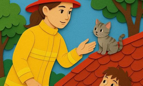 A serene and determined female firefighter, Elena, wearing a shiny helmet and bright yellow firefighter gear, gently reaches out to a small kitten perched on the roof. An 8-year-old boy with tousled brown hair and wide eyes watches from the ground, holding a small red flag in his hand. The roof is sloped and covered with red tiles, surrounded by tall trees with shimmering green leaves. The scene unfolds under a clear blue sky, with the sun illuminating the vivid colors of the scene.