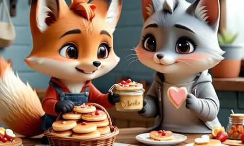 Die Szene zeigt einen kleinen anthropomorphen roten Fuchs mit großen glänzenden Augen und flauschigem Fell, freudigem, stolzem Ausdruck, der schief einen Korb mit Pfannkuchen hält und ein Glas mit herzförmigen Papierchen anbietet; die Mutter, eine größere rot-beige Füchsin mit warmem Lächeln, sitzt an einem kleinen Holztisch und nimmt das Glas mit einer ausgestreckten Pfote entgegen; die Nachbarin, eine rundliche freundliche graue Katze, bringt eine Tarte auf einem Teller und lächelt neben dem Tisch; auf dem Tisch liegen unregelmäßige Pfannkuchen, durchsichtige Gläser mit bunten Papierherzen und eine umgefallene Kerze mit Wachsplatz; der helle Garten zeigt grünes Gras, Wildblumen (Gänseblümchen, gelbe Tulpen), einen kleinen Steinweg und Sonnenstrahlen durch das Laub, im Hintergrund erkennt man sanft einen Steg und glitzerndes Wasser; die Stimmung ist zärtlich, kuschelig und leicht schelmisch, in warmen Farben (Orange, Gelb, zartes Grün) mit klaren Kontrasten, einfachen Formen und sanfter Tiefenschärfe im goldenen Spätnachmittagslicht.