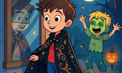 Un ragazzo di 10 anni, con i capelli castani disordinati e gli occhi brillanti di curiosità, indossa un magnifico cappotto nero decorato con motivi dorati che scintillano alla luce della luna. Si trova al centro della scena, con un sorriso meravigliato sul volto, mentre guarda il suo riflesso in una vecchia finestra di legno. Accanto a lui, il suo migliore amico Carlo, un ragazzo di 10 anni con i capelli biondi e le guance rosate, è travestito da zombie con trucco verde e vestiti strappati. Ride gioiosamente, con le braccia alzate, come se fosse pronto a ballare. Lo scenario è un parco misterioso, illuminato dalla luce argentata della luna, con alberi dalle fronde contorte e foglie dorate che cadono dolcemente. Lanterne a forma di zucca illuminano il sentiero, creando un'atmosfera magica e leggermente spaventosa. La situazione principale mostra il ragazzo che ammira il suo cappotto magico, mentre una leggera brezza solleva il tessuto, aggiungendo un tocco di mistero. Le ombre degli alberi danzano intorno a loro, e l'aria è carica di un'eccitazione palpabile, come se qualcosa di straordinario stesse per accadere.
