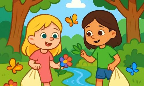 Există două personaje principale: Ana, o fetiță de 7 ani, cu părul blond și ochi albaștri, îmbrăcată într-o rochie roz și sandale, stând în stânga, zâmbitoare, privind o floare colorată, și Mira, o fetiță de 7 ani, cu părul brun și ochi căprui, purtând un tricou verde și o pereche de pantaloni scurți din denim, aflată în dreapta, atingând delicat o frunză de copac. Acțiunea are loc într-o pădure verde, plină de copaci impunători și flori multicolore, cu un pârâu cristalin care curge lin. Ana și Mira strâng deșeuri din pădure, având saci de plastic în mână, zâmbind mândre de fapta lor, înconjurate de o natură frumoasă și curată, subliniind importanța protejării mediului.