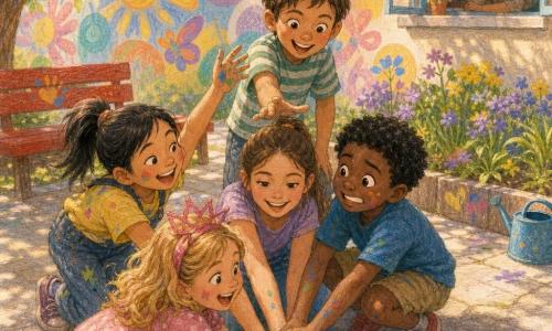 Hay cinco niños: Luna, 9 años, castaña con el pelo recogido, agachada en el centro con la mano en la base de la pirámide; Santi, 7 años, rizos negros, a la derecha y con la mano en la cima, nerviosa pero feliz; Mei, 8 años, cola de caballo negra, a la izquierda, traviesa y levantando la mano del segundo nivel; Carla, 7 años, rubia con un lazo en forma de corona, arrodillada delante con las manos en la base riendo; y Nico, 8 años, chico de pelo castaño corto, de pie detrás ofreciendo ayuda y sonriendo. Escena en un patio escolar colorido con un banco rojo, un gran muro pintado tipo mural, parterres con flores amarillas y moradas, césped iluminado por el sol, baldosas claras y una ventana de aula abierta donde la maestra observa; detalles breves: una regadera junto a una jardinera y sombras suaves de árboles. Los cinco forman una pirámide de manos inestable pero alegre, con manos apiladas en niveles, manchas de pintura en los dedos, expresiones de solidaridad, risas y luz cálida de la tarde; estilo: lápices de colores, trazos suaves, colores vivos y textura de papel visible.