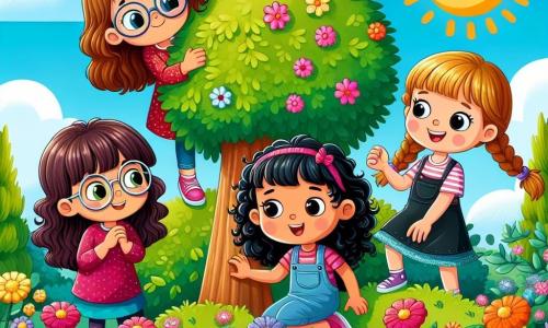 En un parque soleado, cuatro niñas de siete años están reunidas. Sofía, con largos cabellos castaños y gafas redondas, se esconde detrás de un gran árbol, observando a sus amigas con una sonrisa curiosa. Valentina, con cabello rubio y rizado, está oculta en un arbusto de flores coloridas, su rostro iluminado por la emoción. Lucía, con cabello negro y un vestido rosa, se encuentra de pie en un pequeño montículo, riendo alegremente. Camila, con cabello castaño trenzado, sube una pequeña colina, con los brazos en alto, lista para explorar. El parque está lleno de flores vibrantes, pero algunas parecen marchitas y algunos árboles están perdiendo sus hojas. El cielo es de un azul brillante, salpicado de nubes blancas, y el sol brilla intensamente, creando una atmósfera alegre pero preocupante. Las cuatro amigas discuten seriamente sobre el estado de las flores, decididas a investigar su salud y encontrar soluciones para ayudar a su parque a recuperar su belleza.