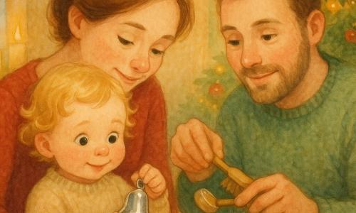 A 2-year-old girl with a round face, rosy cheeks and blond curls, amazed and shyly smiling, gently shakes a small shiny silver bell; her mother (about 30, brown hair in a bun, warm red dress) leans beside her with a hand on her shoulder, and her father (about 32, short beard, green sweater) stands slightly behind to the right holding a small wooden brush to show how to clean the bell; cozy Christmas living room with a green tree decorated with red and gold baubles, warm lights, a cream rug, candles and a window with snow outside; the bell has stopped ringing and the parents help clean it, mood calm and gently joyful, golden light, soft watercolor texture, palette of reds, greens, gold and cream.