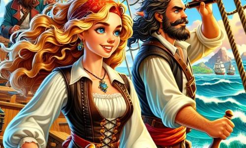 Marina, una giovane pirata di circa 20 anni, si erge orgogliosa sul ponte della sua nave, il Vento del Destino. I suoi capelli biondi fluttuano al vento e i suoi occhi blu brillano di eccitazione e determinazione. Indossa un costume da pirata colorato, con una camicia bianca, un gilet di pelle e un foulard rosso annodato attorno alla testa. Tieni saldamente il timone, guardando l'orizzonte con un sorriso audace. Accanto a lei, Bartolo, un uomo robusto di circa 40 anni, controlla le vele. Ha una barba incolta e indossa un bandana nero. La sua espressione è concentrata, e lancia uno sguardo ammirato a Marina, pronto a sostenerla in questa avventura. Isabella, una navigatrice astuta di circa 30 anni, si trova vicino alla prua, scrutando il mare con un telescopio. Ha i capelli castani raccolti in uno chignon e indossa una blusa da marinaio. Il suo viso mostra una calma determinazione, pronta a guidare l'equipaggio verso il tesoro. Il luogo è un vasto oceano, con onde scintillanti sotto un cielo blu punteggiato di nuvole bianche. Il Vento del Destino, un magnifico veliero a vele bianche, solca le acque con grazia, mentre l'isola di Tempesta si profila in lontananza, misteriosa e avvolta nella nebbia. La situazione principale mostra Marina, Bartolo e Isabella in preparazione per affrontare una tempesta imminente, determinati a navigare verso l'isola del tesoro, illustrando così il loro coraggio e spirito di squadra di fronte all'avventura che li attende.