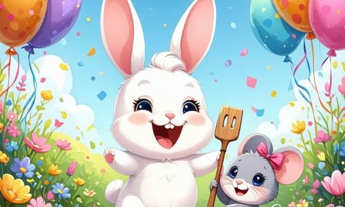 Max, ein kleiner weißer Hase mit großen Ohren und funkelnden Augen, springt vor Freude in einer sonnigen Wiese, umgeben von bunten Blumen und schwebenden Ballons. Neben ihm lächelt Lila, eine kleine graue Maus mit einer rosa Schleife auf dem Kopf, während sie einen Holzlöffel hält, bereit, ihm bei der Vorbereitung einer großen Geburtstagsfeier zu helfen. Weiter weg klettert Benny, ein brauner Eichhörnchen mit schelmischen Augen, auf einen Baum, lacht und hält ein Schild aus Blättern, auf dem steht: "Herzlichen Glückwunsch zum Geburtstag, Max!". Der Ort ist eine grüne Wiese, übersät mit leuchtenden Blumen, unter einem hellblauen Himmel mit flauschigen Wolken, was eine festliche und fröhliche Atmosphäre schafft. Die Hauptsituation zeigt Max und seine Freunde, die eine große Geburtstagsfeier vorbereiten, gefüllt mit Lachen, Spielen und Überraschungen, und den Geist von Freundschaft und Feierlichkeit verkörpern.