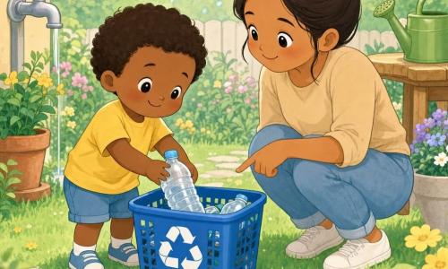 Un bambino di 2 anni, felice e concentrato, capelli castani corti, guance rotonde e sorriso dolce, mette una piccola bottiglia di plastica trasparente in un bidone per il riciclaggio blu; la madre (circa 30 anni), capelli raccolti in uno chignon e sguardo benevolo, è accovacciata vicino a lui indicando il bidone. Giardino luminoso con prato verde e un tavolo di legno su cui è posato un annaffiatoio verde. Gesto semplice e concreto, mani piccole, movimento lento e preciso, espressione orgogliosa del bambino; tavolozza pastello, forme arrotondate, contorni netti e atmosfera calma e gioiosa.