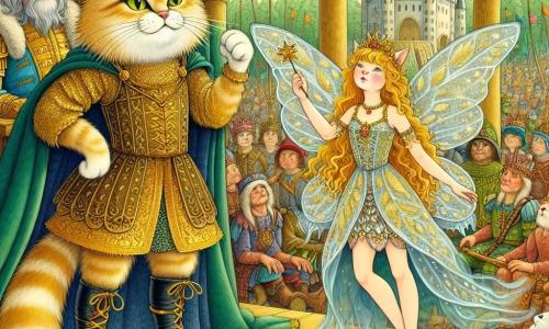 O Gato de Botas, um gato elegante com pelagem dourada e botas de couro preto, se posiciona orgulhosamente no centro do palco, com uma expressão determinada e corajosa. Seus olhos brilham de inteligência enquanto levanta uma pata para se dirigir à multidão. Ao seu lado, a Fada Verde, uma bela criatura com asas cintilantes e cabelos longos e ondulados, flutua levemente acima do chão, seu rosto radiante de sabedoria e bondade. Ela segura uma varinha mágica adornada com folhas, pronta para apoiar o Gato em sua missão. Ao fundo, o rei, um homem de meia-idade com uma coroa dourada e uma capa ricamente bordada, observa a cena com um olhar pensativo, sentado em seu trono de madeira esculpida, cercado por guardas armados. A cena acontece diante do majestoso castelo, com torres esguias e bandeiras tremulando, enquanto uma grande multidão de cidadãos, crianças e animais da floresta se reúne, brandindo cartazes coloridos em favor da proteção da floresta. O Gato de Botas e a Fada Verde se dirigem ao rei e à multidão, pleiteando com paixão para salvar a floresta ameaçada, criando uma atmosfera de solidariedade e esperança.