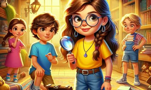 Uma menina de 10 anos, Clara, com longos cabelos castanhos e óculos redondos, exibe uma expressão de intensa curiosidade. Ela usa uma camiseta amarela e um shorts de jeans, segurando uma lupa na mão direita, inclinada em direção a uma velha caixa escondida sob uma prateleira. Ao lado dela, Lucas, um menino de 10 anos com cabelos castanhos bagunçados, observa maravilhado, vestindo uma camiseta azul e uma calça cargo. Sofia, outra menina de 10 anos com cabelos loiros trançados, está um pouco atrás, com as mãos na cintura e um sorriso travesso, pronta para descobrir o segredo. O cenário é uma biblioteca antiga, com grandes estantes de madeira cheias de livros coloridos, lâmpadas de luz suave e tapetes macios no chão. Raios de sol filtram pelas janelas, criando uma atmosfera acolhedora e misteriosa. A situação principal mostra Clara descobrindo uma caixa secreta, cercada por seus amigos, todos animados com a ideia de resolver o mistério do livro desaparecido.