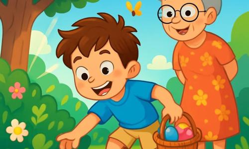 Um menino de 8 anos, Miguel, com cabelos castanhos bagunçados e olhos brilhantes de curiosidade, está procurando ovos de Páscoa em um jardim ensolarado. Seu rosto expressa uma alegria intensa e uma excitação palpável, com as bochechas rosadas pelo esforço. Ele usa uma camiseta azul vibrante e um short bege, segurando uma pequena cesta de vime cheia de ovos coloridos. Ao seu lado, sua avó, uma mulher idosa com cabelos grisalhos em um coque e óculos redondos, sorri carinhosamente enquanto o observa. Ela está vestida com um vestido florido e se posiciona perto de uma árvore, pronta para incentivá-lo. O jardim está repleto de flores vibrantes, borboletas dançantes e árvores majestosas, criando uma atmosfera alegre e primaveril. Ovos de Páscoa decorados com cores vivas estão escondidos entre a grama verde e os arbustos floridos. A cena principal mostra Miguel, maravilhado, descobrindo um ovo brilhante escondido sob um arbusto, enquanto os raios de sol filtram através das folhas, iluminando seu rosto radiante.