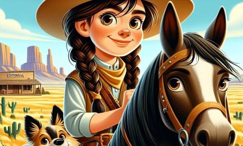 Odważna cowgirl Lena, mająca około 12 lat, dumnie stoi na swoim koniu Błyskawicy. Ma długie, splecione brązowe włosy, beżowy kapelusz cowgirl i zdeterminowany uśmiech na twarzy. Jej oczy błyszczą ekscytacją i odwagą, gdy patrzy w dal. Obok niej jej wierny pies Dakota, mały piesek o złotym futrze, radośnie szczeka, gotowy towarzyszyć jej w przygodzie. Stoi na tylnych łapach, z uszami w górze, wydaje się niecierpliwy. Tło to rozległy krajobraz Dzikiego Zachodu, ze złotymi wzgórzami pod jasnoniebieskim niebem. Widać rozsiane kaktusy i stary drewniany saloon w oddali, co dodaje autentyczności scenie. Lena, z zdecydowanym wyrazem twarzy, przygotowuje się do stawienia czoła bandzie bandytów, która zagraża jej wiosce. Mocno trzyma wodze swojego konia, gotowa wyruszyć na pomoc przyjaciołom i chronić ich cenny skarb.