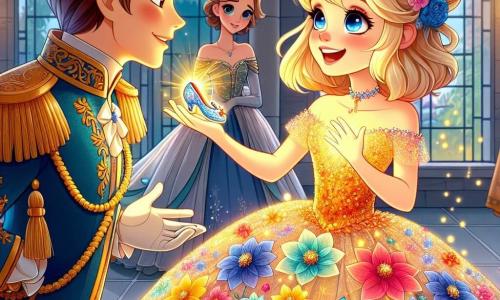 Cinderela, uma jovem de aproximadamente 18 anos, está no centro da imagem, radiante e cheia de emoção, com um sorriso brilhante. Ela usa um lindo vestido feito de pétalas de flores coloridas e raios de sol, e seus cabelos loiros estão adornados com pequenas flores. Ela olha com admiração para o príncipe, segurando delicadamente um pequeno sapatinho de cristal na mão. À sua direita, o príncipe, um jovem de cerca de 20 anos, está elegante em um traje real azul e dourado, com cabelos castanhos bem penteados. Ele tem um olhar admirativo e estende a mão para Cinderela, pronto para convidá-la a dançar. Ao fundo, as duas irmãs de Cinderela, com cerca de 16 e 17 anos, estão um pouco afastadas, com expressões de surpresa e curiosidade. Elas vestem vestidos simples, mas elegantes, e seus rostos mostram uma mistura de admiração e arrependimento. A cena se passa em um magnífico castelo, com grandes janelas adornadas com vitrais coloridos, candelabros cintilantes e paredes cobertas de ricas tapeçarias. Um grande baile está em andamento, com convidados dançando alegremente ao redor, criando uma atmosfera mágica e festiva. A situação principal mostra Cinderela, no meio do baile, descobrindo a magia do amor e da aceitação, enquanto se prepara para dançar com o príncipe, simbolizando um novo começo e a promessa de uma vida cheia de felicidade.
