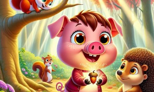 A little pig named Percy, with pink fur and brown spots, and big eyes shining with curiosity, stands at the center of the scene, holding a sparkling magic acorn in his small paws, displaying a wide smile of excitement. Next to him, Clara the squirrel, with her red fur and bushy tail, climbs on a tree branch, watching Percy with an admiring gaze, while Henry the hedgehog, with his brown spines and thoughtful expression, stands a bit back, eyes fixed on the pig, ready to encourage him. The scene takes place in a sunny clearing in the heart of the forest, surrounded by majestic trees with vibrant green leaves, with rays of light filtering through the branches, illuminating the ground covered with colorful flowers and golden leaves. Percy, full of enthusiasm, discovers the magical power of the acorn, while his friends watch eagerly to see what he will accomplish.