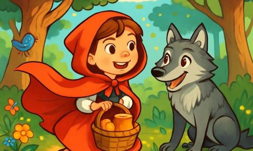 Little Red Riding Hood, a cheerful girl of about 8 years old, wears a scarlet cloak that flows behind her like a bright flame. Her face is lit up by a radiant smile, her eyes sparkling with curiosity as she holds a wicker basket filled with bread and honey. Beside her is a cunning wolf with silver fur, whose bright, mischievous eyes watch her with a friendly yet mysterious expression. The setting is an enchanted forest, where majestic trees with gnarled trunks rise towards a blue sky dotted with fluffy clouds. Sun rays filter through the foliage, creating bright patterns on the ground covered with golden leaves and colorful flowers. The scene shows Little Red Riding Hood and the wolf chatting by a sparkling stream, where the water gently murmurs over smooth stones. They appear to be engaged in friendly conversation, while birds sing joyfully around them and butterflies flutter, adding a touch of magic to the atmosphere.