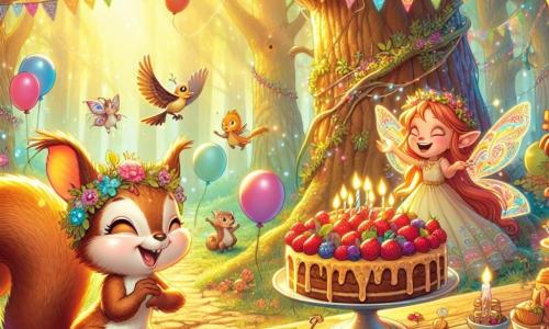 Een klein eekhoorntje met grote oren en een fluffy staart, met een stralende glimlach van vreugde, staat in het midden van de scène, omringd door kleurrijke slingers en zwevende ballonnen. Naast hem staat een klein elfje met glinsterende vleugels, gekleed in een jurk van bloemblaadjes, dat in lachen uitbarst terwijl ze een toverstok vasthoudt, klaar om een vleugje magie aan het feest toe te voegen. Niet ver van hen zingt een vogel met felle veren vrolijk, gezeten op een tak, terwijl een wijze schildpad met een met patronen versierde schild hen met een vriendelijke glimlach observeert. De scène speelt zich af in een betoverde open plek, verlicht door gouden licht, omringd door majestueuze bomen met glanzende bladeren en kleurrijke bloemen die dansen in de wind. In het midden staat een rustieke houten tafel vol heerlijke lekkernijen, waaronder een prachtige bessen taart, klaar om te worden geproefd. Het eekhoorntje, helemaal opgewonden, staat op het punt de kaarsjes op zijn verjaardagstaart uit te blazen, terwijl zijn vrienden zich om hem heen verzamelen, klaar om dit magische moment samen te vieren.
