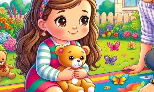 Uma menina de 6 anos, Sofia, com longos cabelos castanhos e olhos brilhantes, está sentada em um tapete colorido no jardim de sua casa. Ela segura seu ursinho de pelúcia, exibindo uma expressão curiosa e um pouco triste, enquanto observa borboletas coloridas voando ao seu redor. Ao lado dela, sua mãe, uma mulher de cerca de trinta anos com cabelos castanhos e um sorriso suave, está agachada, mostrando-lhe um desenho de sol que acabou de fazer, com cores vivas. Um pouco mais longe, seu pai, um homem de cerca de trinta anos com cabelo curto e uma camisa listrada, observa a cena com um olhar afetuoso, segurando um livro de histórias nas mãos. O jardim é preenchido com flores vibrantes, grandes árvores verdes e um céu azul claro, criando uma atmosfera alegre e tranquila. A cena principal mostra Sofia, cercada por seus pais, descobrindo juntos o prazer de desenhar e compartilhar emoções, simbolizando o amor e o apoio familiar apesar das mudanças.