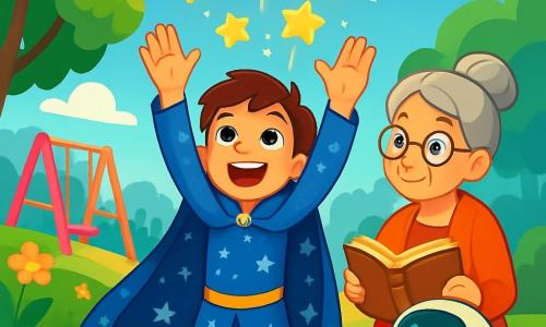 In the center of the image, Starkeeper Finn, a smiling young boy of about 12 years old, wears a sparkling cape and a starry blue outfit. His eyes shine with excitement and determination as he raises his arms to the sky, ready to light up the stars. Beside him, Mrs. Grumble, an elderly woman of about 60 with gray hair in a bun and round glasses, watches proudly, holding an old storybook in her hands. A little further away, Misty, a small robot with rounded shapes and blinking lights, stands curiously, ready to help. The setting is the Green Fields, a vibrant space filled with blooming gardens, colorful swings, and children's laughter. The sky is a bright blue, dotted with fluffy white clouds, while a gentle breeze makes the leaves dance. The main scene shows Finn raising his arms to release sparkling stars, lighting the way for the townspeople as a mysterious fog begins to lift around them, revealing a bright and joyful festival preparing to celebrate the light.