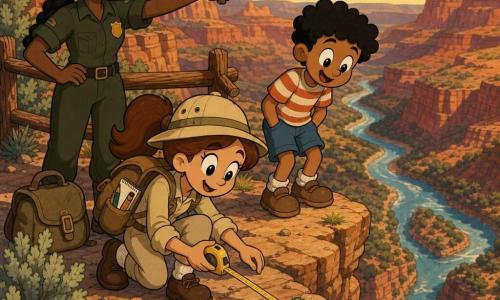 Female explorer, smiling and focused with sparkling eyes, brown hair in a ponytail, wearing a light khaki jacket, beige pants, explorer hat and backpack with a notebook and pencils visible, uses a long yellow measuring tape to gently retrieve a leaf near the cliff edge with a cautious confident posture; female ranger Suri, ~35, brown skin, braided hair, dark green uniform with badge, stands slightly back holding a secured bag, pointing to a safe spot with a calm attentive expression; boy Leo, ~9, curly black hair, striped tee and shorts, knees bent with excitement but hands in pockets, admires the recovered leaf beside the explorer; location: rocky balcony above a layered red-orange ochre canyon with two rivers converging below, wild mint shrubs, rustic wooden railing and an old stone block with carved symbols; calm, careful rescue scene in golden afternoon light with long shadows, respectful adventurous mood.