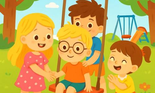 There are 4 children: Lily, a 6-year-old girl with long blonde hair and sparkling eyes, wearing a pink polka dot dress, holding Jack's hand with a big smile; Max, a 7-year-old boy with messy brown hair and a blue t-shirt, standing behind Jack, ready to push him on the swing with an encouraging look; Emma, a 6-year-old girl with brown hair in a small ponytail, in front of Jack, enthusiastically cheering him on; and Jack, a 5-year-old boy with blonde hair and round glasses, sitting on the swing, a bit nervous but smiling, ready to swing. The scene takes place in a large green park filled with majestic trees with bright green leaves, soft grass covering the ground, and colorful flowers dancing in the breeze. In the background, there is a big playground with swings and a slide. The main situation shows Jack on the swing, surrounded by his friends who are cheering him on. Lily is holding his hand, Max is gently pushing him, and Emma is joyfully applauding. All the children are filled with joy and friendship, creating a warm and laughter-filled atmosphere.
