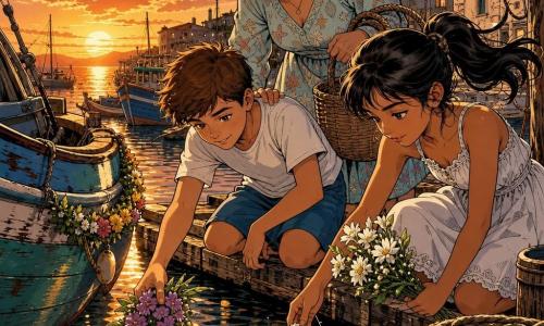 Three characters: Milo (12-year-old boy) with a round freckled face, short brown hair, light t-shirt and blue shorts, left foreground leaning toward the water holding a small bouquet of purple flowers; Nia (11-year-old girl) slightly tan with a black ponytail blowing in the wind, light white dress, right foreground watching the floating flowers while holding white flowers fanned; Grandma Lina (~65) with gentle wrinkled skin, gray hair in a bun, wicker basket and pastel nautical dress, standing behind them smiling with a hand on Milo’s shoulder. Setting: small village harbor at dusk with weathered wooden piers, green-blue fishing boats, coiled ropes, wooden crates, colorful bunting and golden sunset reflections on calm water. Main action: Milo and Nia gently place their bouquets near a decorated boat and the flowers float in spirals as Grandma Lina watches; warm, respectful mood, clear petal details, small waves and sparkling highlights, expressions of concentration and calm.