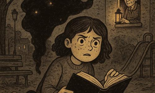 Clara, 12 anos, rosto redondo com sardas, olhos grandes e decididos, expressão preocupada e corajosa, ajoelhada na relva molhada segurando um grande livro preto aberto e virando lentamente uma página; Dona Cidália, cerca de 70 anos, cabelo grisalho preso em coque, rosto enrugado e benevolente, segura uma pequena lanterna na janela de uma casa ao fundo olhando para Clara; ao pé de Clara uma sombra informe e mais escura que o chão, companheira muda sem traços humanos; o Apagador, grande massa de fumaça preta e texturada sem rosto com cavidades profundas e pontos luminosos presos que começam a escapar como vagalumes em direção às janelas; praça do parque à noite com um banco velho, escorregador enferrujado e grande raiz de árvore, chão coberto de folhas secas e relva amassada, postes apagados e algumas janelas acesas; cena principal dramática centrada em Clara e no livro, contrastes fortes de preto com pequenos pontos de luz quente, atmosfera tensa porém cheia de esperança; estilização com textura granulada de jornal, traços de tinta visíveis e paleta limitada a pretos, cinzas, ocres e amarelos quentes.