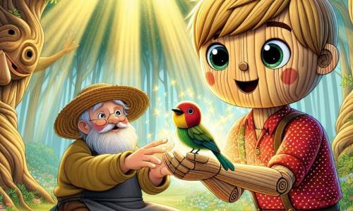 Pinocchio, um menino de madeira com cabelos loiros e olhos brilhantes de curiosidade, está no centro da cena, com um grande sorriso iluminando seu rosto esculpido. Ele veste uma camisa vermelha com bolinhas brancas e uma calça azul, enquanto liberta um pequeno pássaro colorido, suas mãos delicadas estendidas com suavidade. Ao seu lado, Gepeto, um homem idoso com um rosto benevolente e barba branca, observa com orgulho, usando um avental de couro e um chapéu de palha, com as mãos cruzadas sobre o peito, admirando o ato de bondade de seu filho de madeira. Ao fundo, a floresta encantada se estende até onde a vista alcança, com árvores de troncos grossos e folhas verdes vibrantes, enquanto raios de sol filtram através dos galhos, criando reflexos de luz dourada no chão coberto de flores coloridas. A cena principal mostra Pinocchio, cheio de entusiasmo e compaixão, salvando um pequeno pássaro preso em um arbusto, ilustrando a magia da amizade e da bondade em um mundo de conto de fadas.