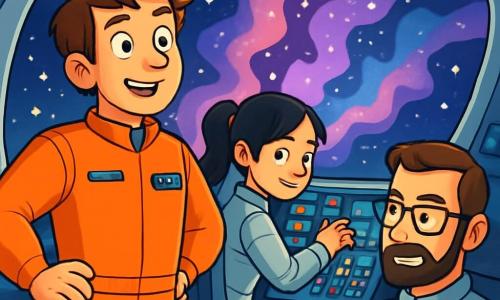 Un hombre, el comandante Alejandro Vega, está de pie en la cabina de la nave espacial "Estrella Fugaz". Tiene el cabello castaño despeinado, ojos llenos de curiosidad y una sonrisa decidida. Mira a través de la gran ventanilla, maravillado por el espectáculo de las estrellas brillantes y la Nebulosa Misteriosa que se dibuja ante él, con colores vivos de violeta y azul. A su lado, la joven ingeniera Mei, de unos 25 años, ajusta controles en un panel. Tiene el cabello negro recogido en una coleta y lleva un traje espacial plateado. Su rostro expresa concentración y emoción. El piloto Tomás, un hombre de unos treinta años, está sentado en su asiento, con las manos en el volante. Tiene una barba bien cuidada y gafas que le dan un aire inteligente. Echa un vistazo a Alejandro, listo para despegar hacia lo desconocido. La escena transcurre en el interior de la cabina, llena de luces parpadeantes y pantallas que muestran datos espaciales. Fuera, la Nebulosa se despliega en todo su esplendor, con nubes de gas colorido y estrellas brillantes. La situación principal muestra a Alejandro y su equipo preparándose para entrar en la Nebulosa Misteriosa, con una mezcla de emoción y aprensión en sus rostros, mientras se disponen a descubrir los secretos del universo.
