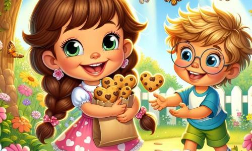 Una bambina di 6 anni, Sofia, con lunghi capelli castani intrecciati e un grande sorriso gioioso, è al centro dell'immagine. Indossa un vestito rosa a pois bianchi e tiene una borsa di carta piena di biscotti a forma di cuore. I suoi occhi brillano di eccitazione mentre si prepara a offrire le sue dolcezze al suo amico. Accanto a lei, Marco, un ragazzo di 6 anni con capelli biondi disordinati e occhiali rotondi, guarda Sofia con meraviglia. Indossa una maglietta blu e pantaloni corti verdi, mentre tende la mano per prendere un biscotto. Sullo sfondo, il giardino soleggiato è pieno di fiori colorati, margherite e farfalle che svolazzano. Un grande albero ombreggiante si erge accanto a loro, con rami che si estendono sopra, creando un'atmosfera calda e accogliente. La scena principale mostra Sofia e Marco che condividono un momento di felicità, circondati dai loro amici che si radunano attorno a loro, ridendo e giocando, mentre Fido, un piccolo cane birichino, si avvicina per annusare i biscotti. L'immagine trasmette un'atmosfera festosa e gioiosa, piena di amicizia e condivisione per San Valentino.